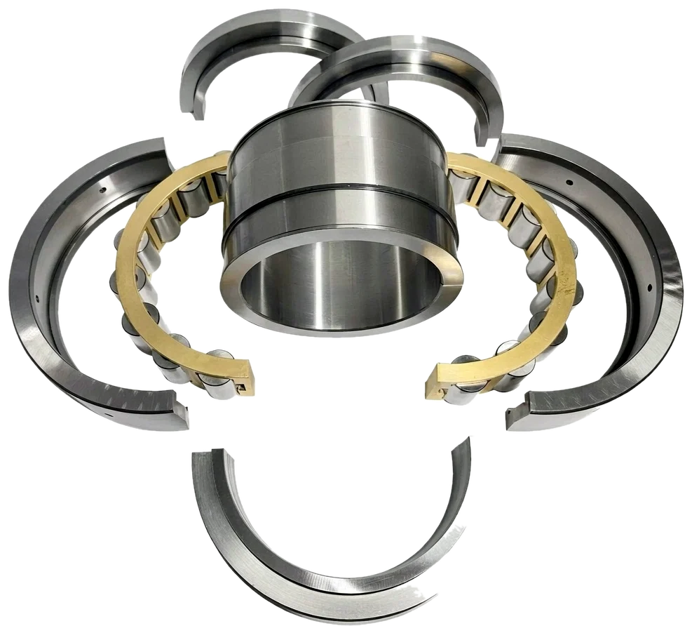 Exploded view of a split spherical roller bearing - outer ring halves, brass roller cage and inner ring